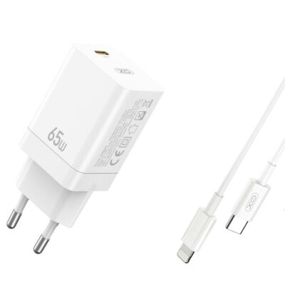 XO wall charger CE10 PD 65W 1x USB-C white + USB-C – Lightning cable