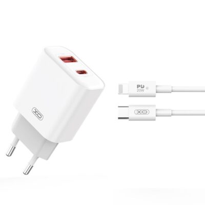XO wall charger CE12 PD QC3.0 20W 1x USB 1x USB-C white + USB-C – Lightning cable
