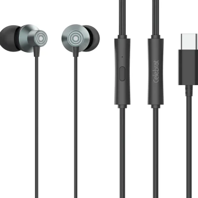 CELEBRAT earphones με μικρόφωνο D15, USB-C σύνδεση, Φ10mm, 1.2m, μαύρα